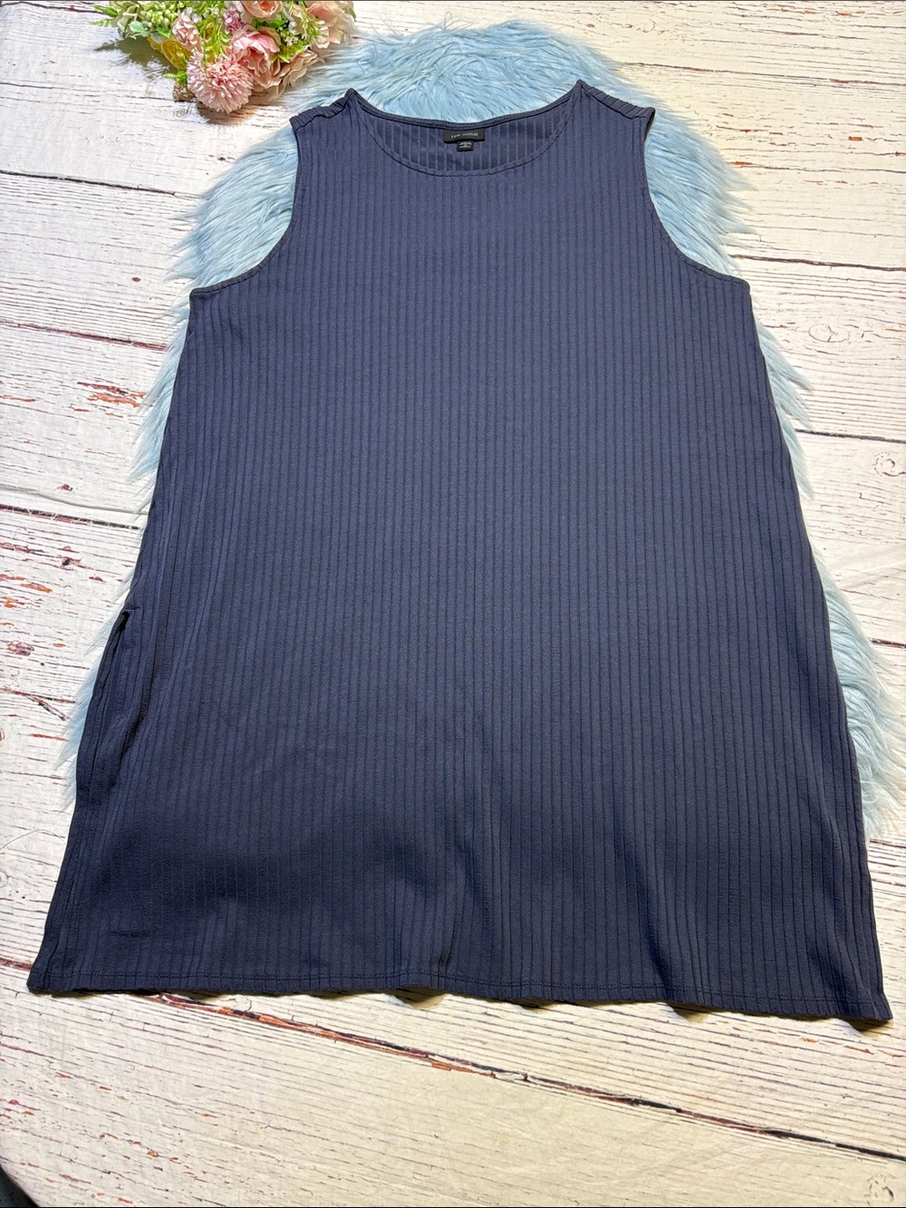 J. Jill Wearever Collection Sleeveless Ribbed Side Slit Shift Dress Carbon Blue